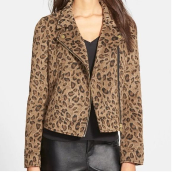 Leith Jackets & Blazers - Leith Leopard Print Wool Blend Fleece Knit Motorcycle Jacket